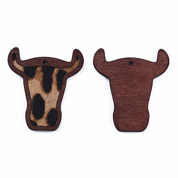 Eco-Friendly Cowhide Leather Big Pendants, with Dyed Wood, Cow's Head with Leopard , PeachPuff, 55x50x3mm, Hole: 2.5mm