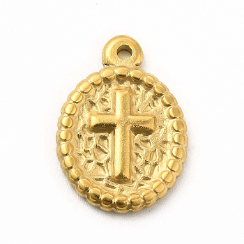 304 Stainless Steel Pendants, Oval with Cross Charms, Golden, 18x12.5x2mm, Hole: 1.4mm
