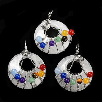Chakra Natural Quartz Crystal Flat Round Pendants, 7 Chakra Charms with Rack Plating Copper Wire Wrapped, Platinum, 39x28~29x11~23mm, Hole: 5mm
