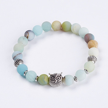 Natural Amazonite Stretch Bracelets, with Tibetan Style Alloy Beads, Owl, 2 inch(52mm), 1strand/box