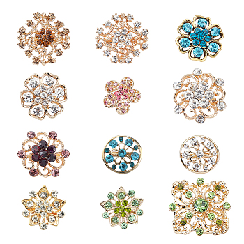 12Pcs 12 Style Rhinestone Flower Lapel Pins, Light Gold Alloy Exquisite Brooch for Women Wedding Party, Mixed Color, 21~28.5x21.5~28x3.5~7mm, Pin: 0.9mm, 1Pc/style