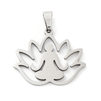 201 Stainless Steel Pendants, Laser Cut, Lotus with Yoga Charm, Stainless Steel Color, 23x27x1.5mm, Hole: 7x3.5mm