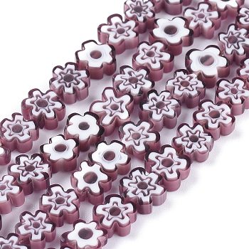 Handmade Millefiori Glass Bead Strands, Flower, Purple, 6.4~9x3.2mm, Hole: 1mm, about 56pcs/Strand, 15.75''(40cm)