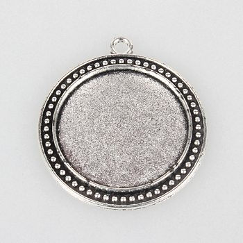 Tibetan Style Alloy Pendant Cabochon Settings, Cadmium Free & Lead Free, Flat Round, Antique Silver, Tray: 30mm, 44x39x2mm, Hole: 3mm, about 115pcs/kg