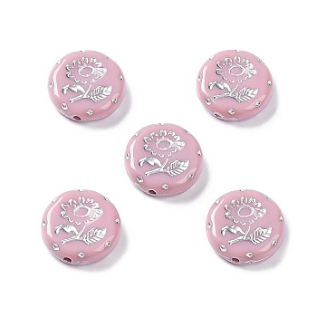 Opaque Acrylic Beads, Metal Enlaced, Flat Round with Flower Pattern, Flamingo, 17.5~18x5~5.5mm, Hole: 1.8mm, about 399pcs/500g