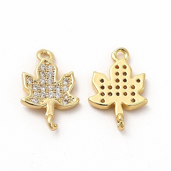 Rack Plating Brass Micro Pave Cubic Zirconia Charms, Real 18K Gold Plated, Long-Lasting Plated, Maple Leaf Charm, Real 18K Gold Plated, 14x9x2.5mm, Hole: 1mm