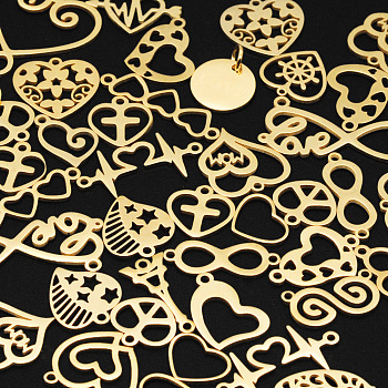 201 Stainless Steel Pendants and Links Connectors, Mixed Shapes, Laser Cut, Golden, 12~56.5x7.5~34x1mm, Hole: 1.2~3mm, 50pcs/set 