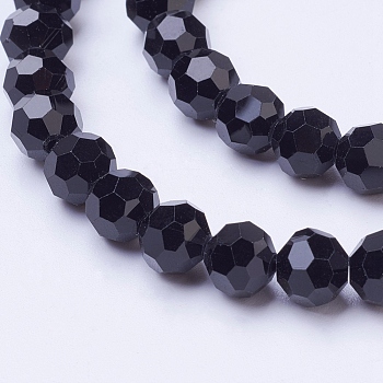 Glass Beads Strands, Faceted(32 Facets), Round, Black, 8mm, Hole: 1mm, about 67~70pcs/strand, 22.6 inch