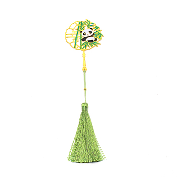 Panda Brass Bookmark with Tassel for Reader, Hollow-out Chinese Ancient Hand Fan Shape Bookmark, Light Gold, Yellow Green, 215mm