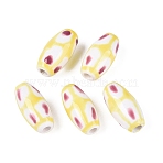 Handmade Porcelain Beads, Hand Painted Ceramic Beads, Oval with Abstract Pattern, Famille Rose Porcelain, Champagne Yellow, 16~17x8~10mm, Hole: 1.6~2.5mm(PORC-N012-07A)