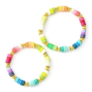 2Pcs Polymer Clay Disc & Alloy Beaded Stretch Bracelets Set, Stackable Preppy Bracelets, Colorful, Inner Diameter: 2~2-3/8 inch(5~5.9cm)(BJEW-JB09638)