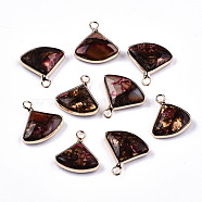 Fan Assembled Synthetic Bronzite and Regalite/Imperial Jasper Pendants, with Iron Loop and Brass Edge, Light Gold, Dyed, Indian Red, 18~21x18~20.5x5~6mm, Hole: 2mm(G-N330-023-D06)