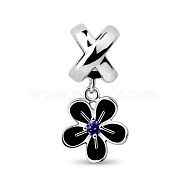 TINYSAND Rhodium Plated 925 Sterling Silver Flower European Dangle Charms, with Violet Rhinestone, Platinum, 22.05x8x9.6mm, Hole: 4.82mm(TS-P-022)
