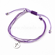 Waxed Polyester Cord Braided Bracelets, with Brass Beads, 304 Stainless Steel Charms, Flat Round with Cross, Medium Purple, Inner Diameter: 2~3-3/4 inch(5.2~9.6cm)(BJEW-JB05663-01)
