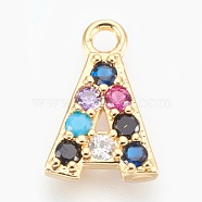 Brass Micro Pave Cubic Zirconia Charms, Letter, Golden, Letter.A, 13~14x7~10x2~2.5mm, Hole: 1.5~1.8mm(ZIRC-F089-01G-A)