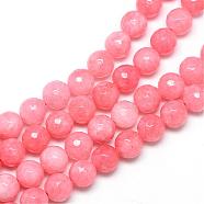 Natural White Jade Bead Strands, Dyed, Faceted, Round, Light Coral, 8~9mm, Hole: 1mm, about 46pcs/strand, 14.76~14.96 inch(37.5~38cm)(G-R346-8mm-16)