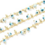 3.28 Feet Golden Brass Curb Chain, Twisted Chain, with Enamel Evil Eye & Brass Charms, Long-Lasting Plated, Soldered, Light Blue, Charms: 7x3mm and 8x4mm(X-CHC-H103-09A-LG)
