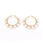 304 Stainless Steel Hoop Earrings, with Natural Pearls, Ring, Golden, 52x56x9~9.5mm, Pin: 0.7x1mm(EJEW-F240-01G)