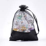 Organza Bags, with Burlap Cloth, Drawstring Bags, Rectangle, Black, 13.2~14.2x9.6~10.2cm(OP-T004-01A-01)