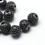 Rack Plating Brass Cubic Zirconia Beads, Long-Lasting Plated, Round, Gunmetal, 9.5~10x9~9.5mm, Hole: 2mm(ZIRC-S001-10mm-B04)