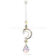 Glass Teardrop Pendant Decorations, Hanging Suncatchers, with Chakra Natural Gemstone & Brass Moon Charm and Hamsa Hand/Hand of Miriam with Evil Eye Link, Sun, 265x45x1~13mm(HJEW-JM01165)