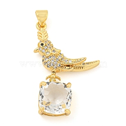 Rack Plating Brass Micro Pave Clear Cubic Zirconia Pendants, with Glass, Long-Lasting Plated, Cadmium Free & Lead Free, Real 18K Gold Plated, Bird Charms, Clear, 32x20x6mm, Hole: 4x3.5mm(ZIRC-L100-153G-01)