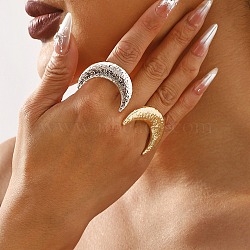 Textured Moon Alloy Open Cuff Rings, for Women, Golden, Moon: 35x26mm, Adjustable(RJEW-U006-03G)