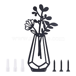 Iron Wall Art Vase Flowers, Metal Flowers Wall Sculpture Decor, for Bathroom Living Room Decoration, Black, 350x168x1mm, Hole: 4mm(AJEW-WH0263-16)