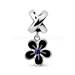 TINYSAND Rhodium Plated 925 Sterling Silver Flower European Dangle Charms, with Violet Rhinestone, Platinum, 22.05x8x9.6mm, Hole: 4.82mm(TS-P-022)