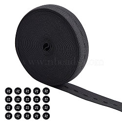 DIY Clothing Adjust Elastic Kits, with Resin Buttons, Flat Elastic Cord/Bands with Buttonhole, Black, 20mm, about 10m/roll, 1roll/set(DIY-NB0003-34-1)