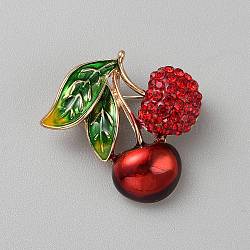 Cherry Enamel Pins, Alloy Rhinestone Brooches for Backpack Clothes, Red, 27x29mm(JEWB-CJC0010-006)