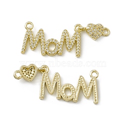 Rack Plating Brass Micro Pave Clear Cubic Zirconia Connector Charms, Mother's Day Links Word Mom with Heart for Women, Cadmium Free & Lead Free, Long-Lasting Plated, Real 18K Gold Plated, 17x36x2.5mm, Hole: 1.6mm(ZIRC-F130-12G)