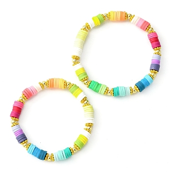 2Pcs Polymer Clay Disc & Alloy Beaded Stretch Bracelets Set, Stackable Preppy Bracelets, Colorful, Inner Diameter: 2~2-3/8 inch(5~5.9cm)