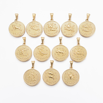 304 Stainless Steel Pendant Sets, Flat Round with Twelve Constellation/Zodiac Sign, Golden, 29x25x3.2mm, Hole: 9x4.5mm, 12pcs/set