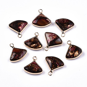Fan Assembled Synthetic Bronzite and Regalite/Imperial Jasper Pendants, with Iron Loop and Brass Edge, Light Gold, Dyed, Indian Red, 18~21x18~20.5x5~6mm, Hole: 2mm