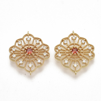 Brass Cubic Zirconia Links connectors, Nickel Free, Flower, Real 18K Gold Plated, Red, 22.5x18.5x3mm, Hole: 0.7mm
