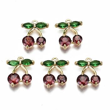 Brass Charms, with Glass, Nickel Free, Real 18k Gold Plated, Cherry, Red, 14x11.5x3mm, Hole: 1.2mm