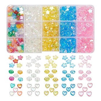 600Pcs 15 Styles Transparent Acrylic Beads, Star & Heart & Flower, AB Plated, Mixed Color, 10x4mm, Hole: 1mm, about 600pcs/box
