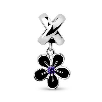 TINYSAND Rhodium Plated 925 Sterling Silver Flower European Dangle Charms, with Violet Rhinestone, Platinum, 22.05x8x9.6mm, Hole: 4.82mm