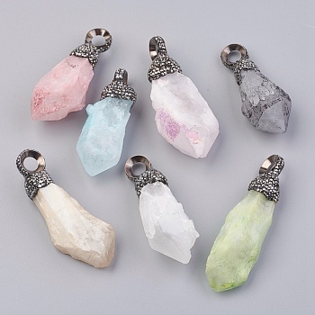 Natural Quartz Big Pointed Pendants, with Polymer Clay Rhinestone and Brass Findings, Dyed, Bullet, Gunmetal, 58~73x20~28mm, Hole: 6.5mm
