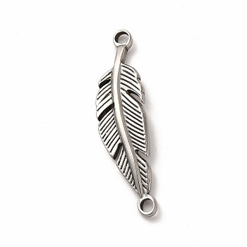 304 Stainless Steel Connector Charms, Feather Links, Stainless Steel Color, 39.5x10x2mm, Hole: 2.4mm