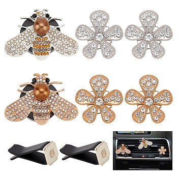 2 Sets 2 Colors Bees & Flower Car Vent Clip Set, Zinc Alloy & Rhinestone Car Air Fresh Perfume Clips, with Iron Findings, Mixed Color, 33x24x24mm, 1 set/color
