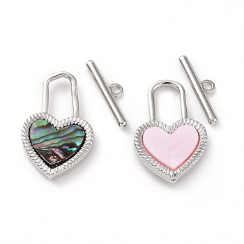 Paua Shell & Pink Shell Toggle Clasps, with Brass Findings, Heart Lock, Platinum, Bar: 14.5x4x1.5mm, Hole: 1.5mm, Heart: 20.5x13x3mm