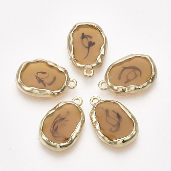 Epoxy Resin Pendants, with Alloy Findings, Oval, Edge Golden Plated, Goldenrod, 22x14.5x3mm, Hole: 1.8mm