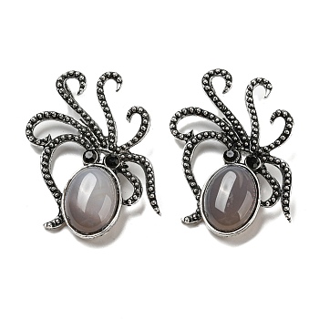 Natural Grey Agate Octopus Brooch, Alloy Pave Jet Rhinestone Sea Animal Pins, Antique Silver, 52.5~53x36.5x8~9mm, Hole: 7x4mm