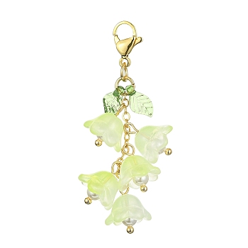 Glass & Acrylic Pendant Decorations, with 304 Stainless Steel Lobster Claw Clasps, Flower & Leaf, Pale Green, 52.5mm
