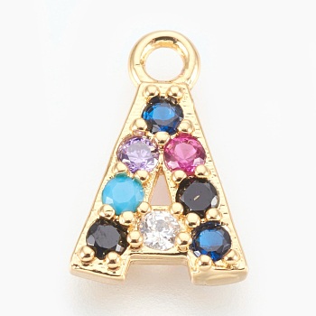 Brass Micro Pave Cubic Zirconia Charms, Letter, Golden, Letter.A, 13~14x7~10x2~2.5mm, Hole: 1.5~1.8mm