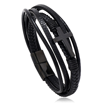 Leather Cord Multi-starand Bracelet, Cross Link Bracelet with Stainless Steel Magnetic Clasp for Men Women, Electrophoresis Black, 9-1/8 inch(23cm)