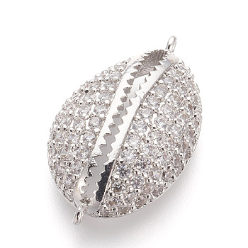 Brass Micro Pave Cubic Zirconia Links, Clear, Lead Free & Cadmium Free, Cowrie Shell Shape, Platinum, 22.5x12.5x6mm, Hole: 1mm