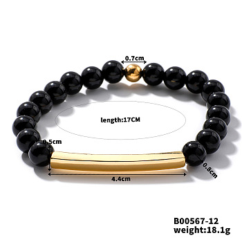 Natural Black Onyx Stretch Bracelets, Brass Tube Beaded for Women, Elegant and Stylish Daily Accessory, Inner Diameter: 6-3/4 inch(17cm)